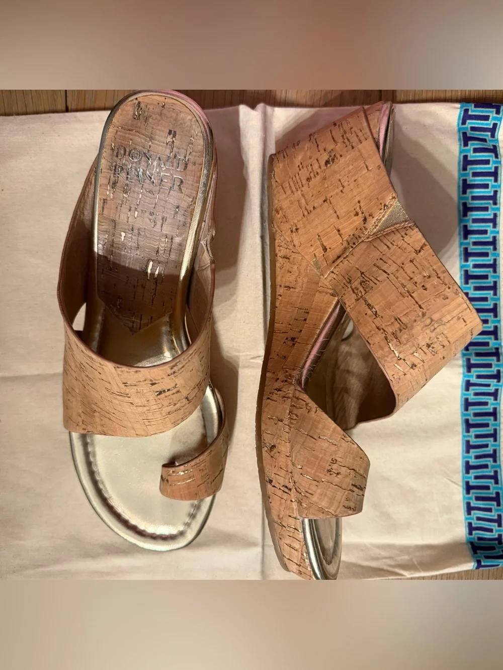 Donald J. Pliner Cork Wedge Slide Sandal in Cork with gold metallic flakes